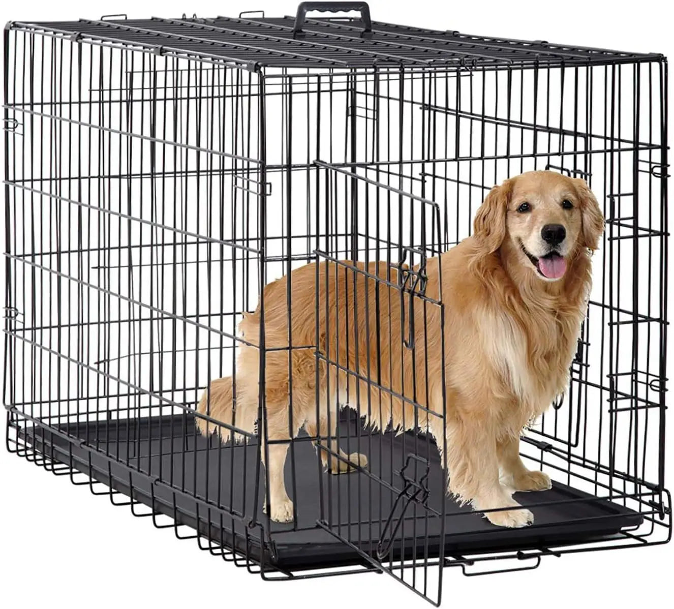 Foldable Metal Dog Kennel With Double Doors Leakproof Tray