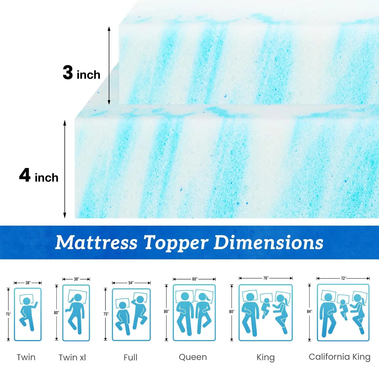JHK Gel Memory Foam Mattress Topper For Cooling Comfort