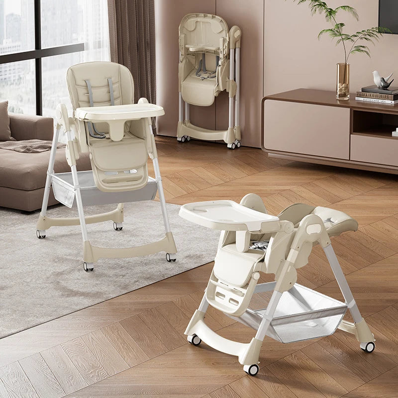 Foldable Baby High Chair With PU Leather 5 Point Harness