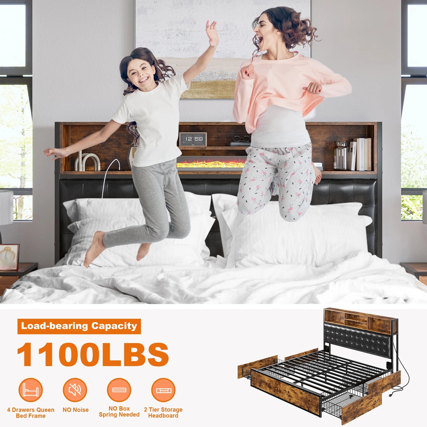 EnHomee Bed Frame With Charging Station And Storage Drawers