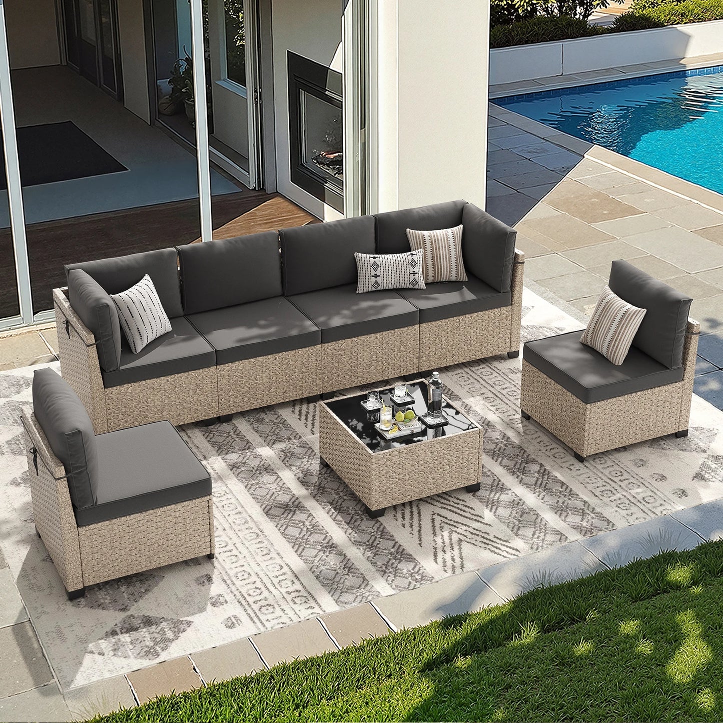 Rattan Patio Furniture Set With Tempered Glass Table All Weather