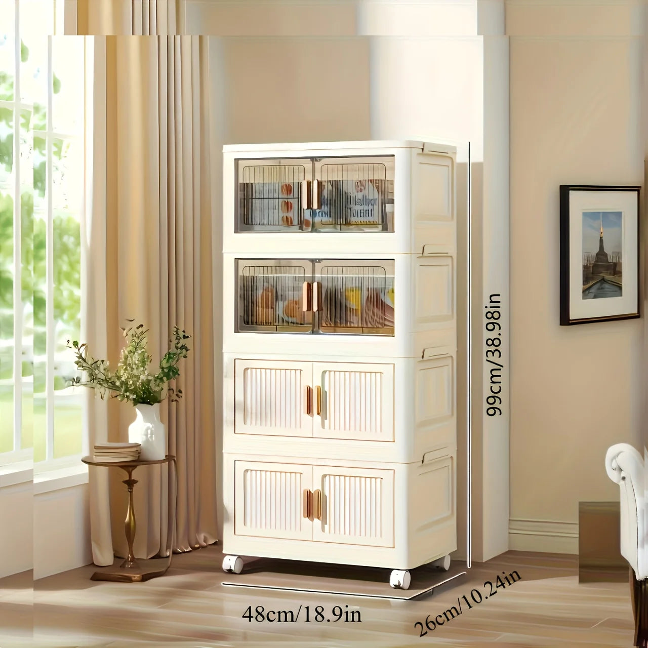 Stackable Versatile Storage Cabinet With Doors And Wheels Plastic Organizer