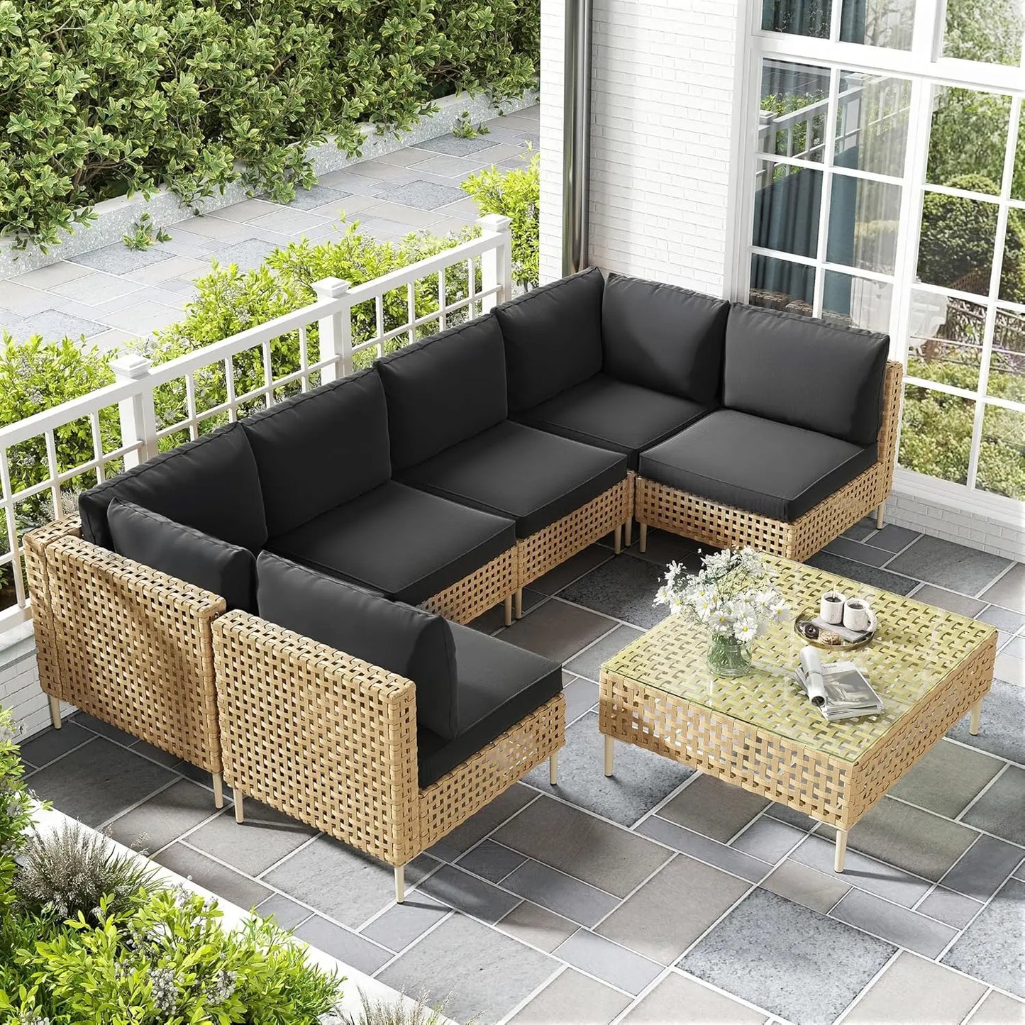 7 Piece Wicker Outdoor Sectional Sofa Set With Coffee Table