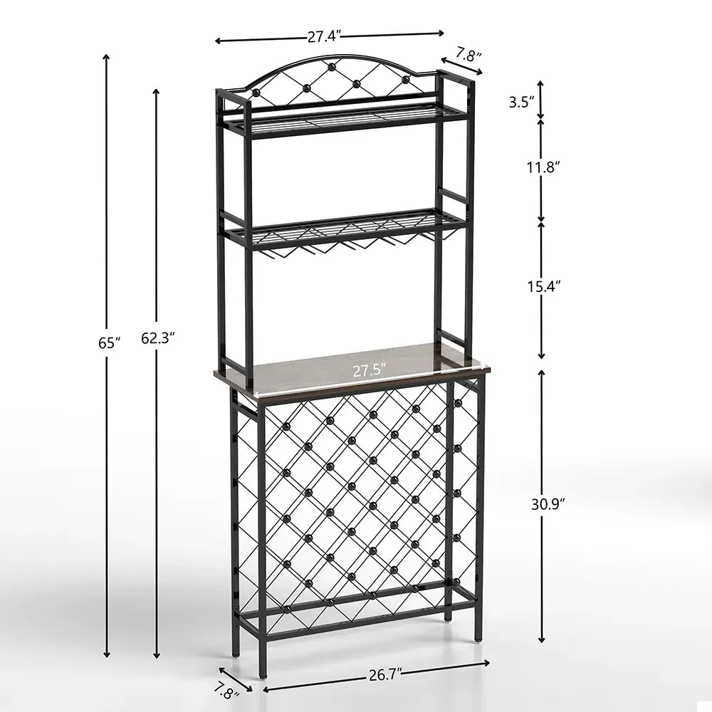 Freestanding Floor Wine Rack,Tall Wine Holder Stand with Wine Glass Holder,Storage Shelves,Wood Metal Stackable Bakers Rack,Mode
