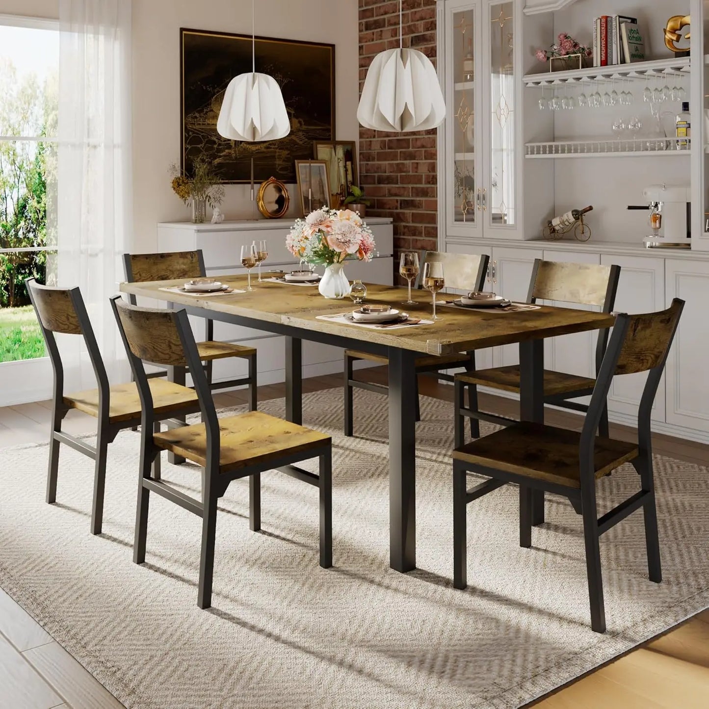 iPormis 7-Piece Dining Table Set with 6 Chairs, 63" Extendable Kitchen Table & Chairs Set for 4-6, Dining RoomTable with Solid