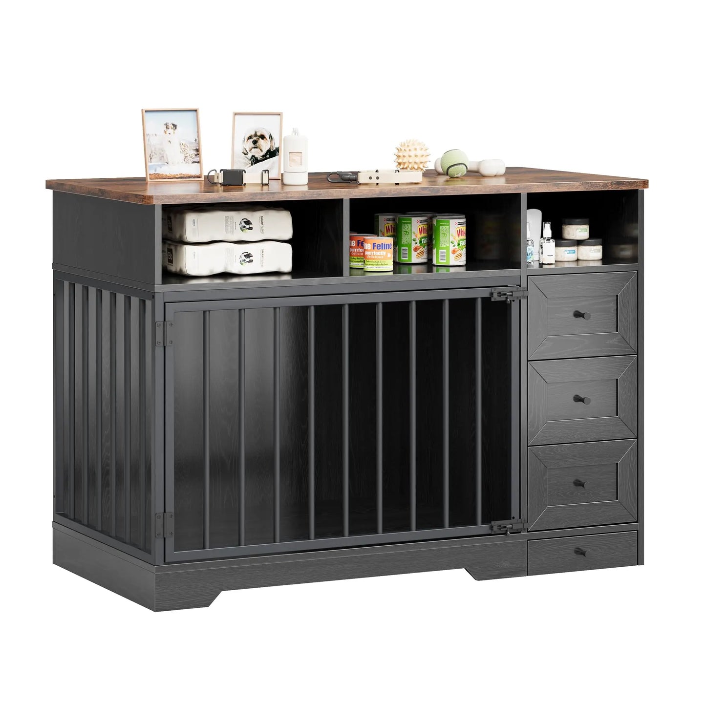 HiMISS Farmhouse Wooden Dog Crate With Six Storage Drawers Kennel End Table