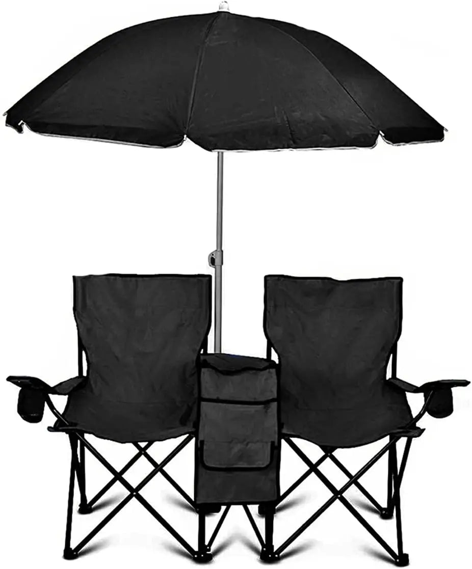 Portable 2-Seat Folding Camp Chair with Cooler, Umbrella & Cup Holders – Outdoor Picnic, Beach, or Tailgate Seating