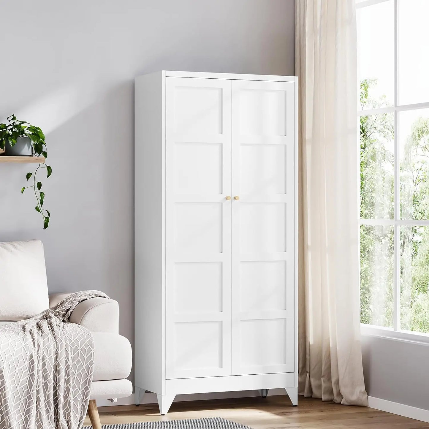 2 Doors and 4 Adjustable Shelves - 61" White Kitchen Pantry Storage 5-Tier Tall Steel Cabinets Locker for Kitchen,