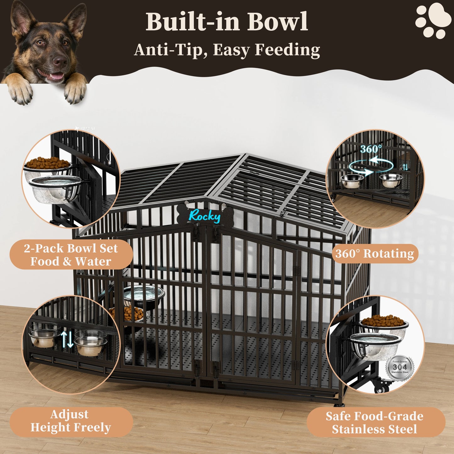 Heavy Duty Dog Crate Metal Kennel With Lockable Wheels
