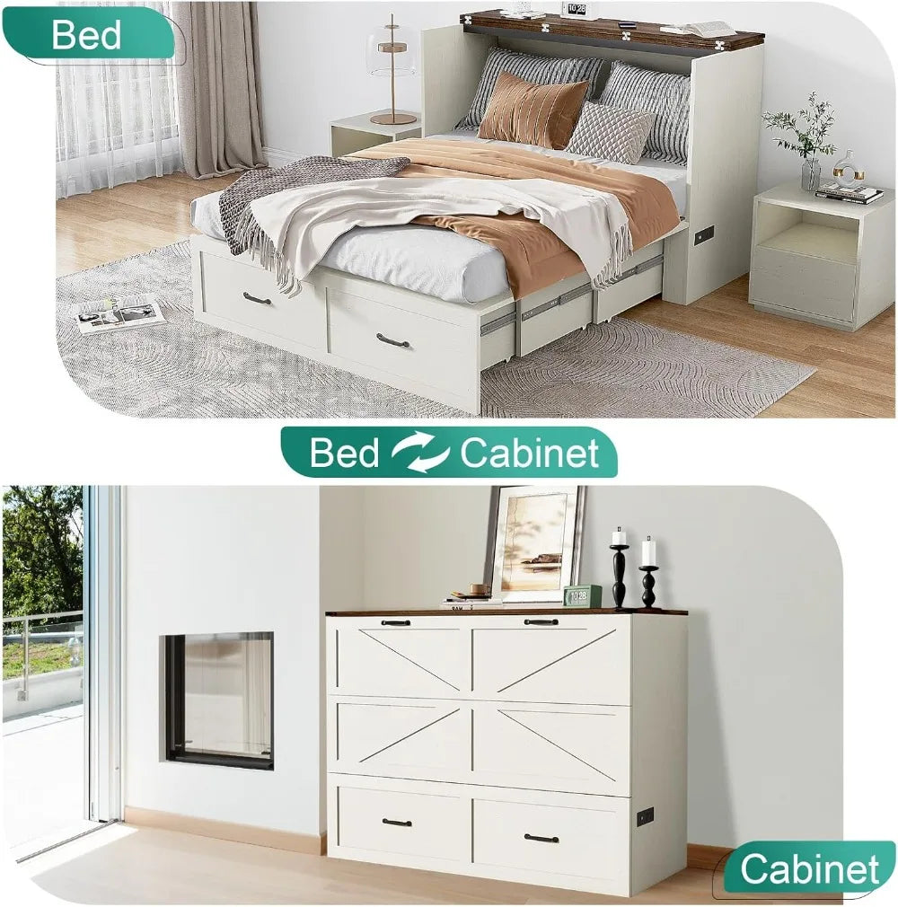 Full Size Murphy Bed with Drawer & Charging Station, Space-Saving Hidden Folding Cabinet Bed for Bedroom, Office, Rustic White