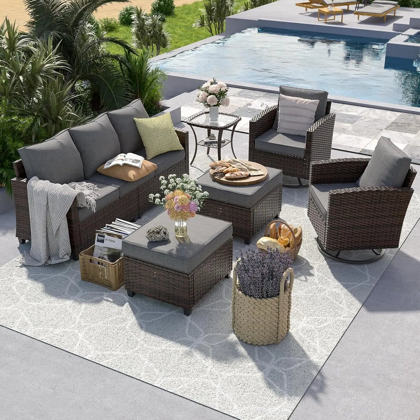6Pc PE Rattan Sectional Sofa Set With Side Table Patio