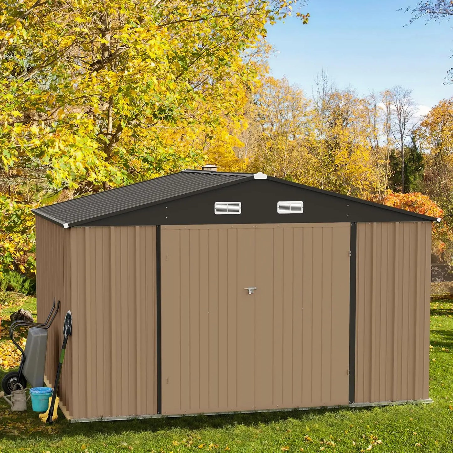 Outdoor Metal Garden Shed With Lockable Door Waterproof Tool Storage