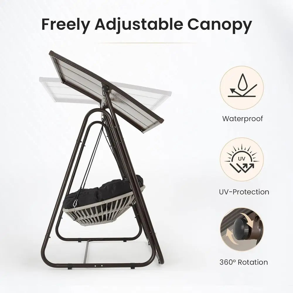Weatherproof Rattan Swing Chair With Cushions and Adjustable Hardtop Patio