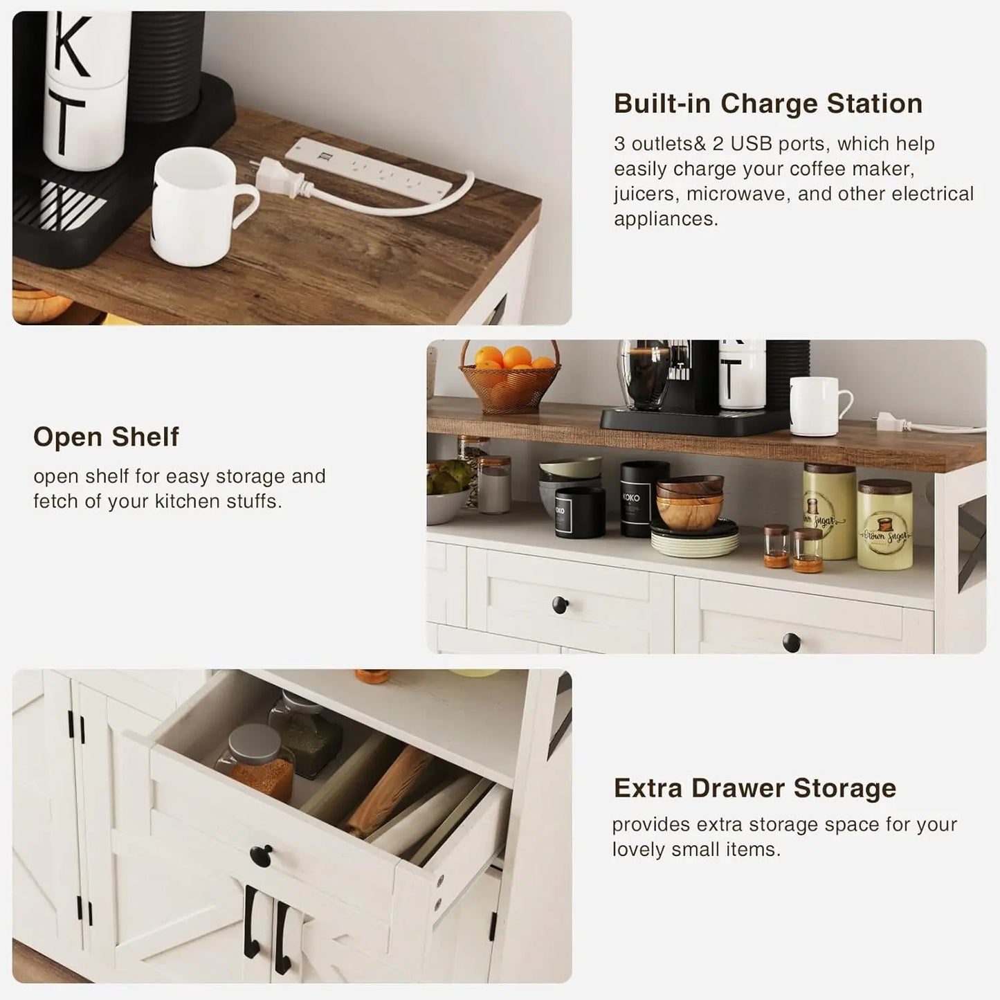 Farmhouse Buffet Cabinet with Drawers & Open Shelf, Sideboard Storage Cabinet, Kitchen Hutch Pantry, Wood Coffee Bar Station for