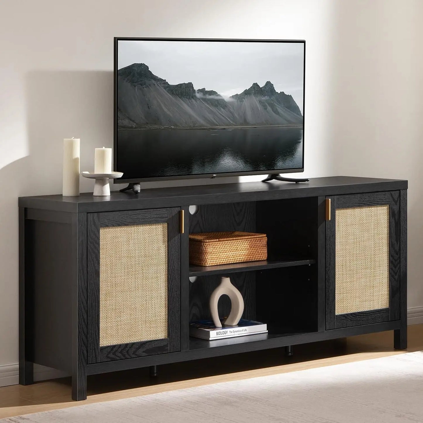 Rattan TV Stand for Living Room - 26" Tall TV Console Cabinet with Storage and Adjustable Shelf, Boho Entertainment, Customized