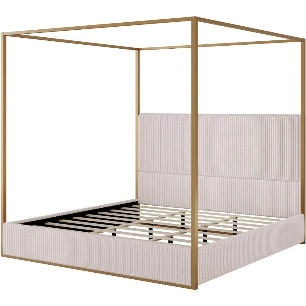 Contemporary King-Size Upholstered Canopy Bed Frame with Metal Posts, No Box Spring Required