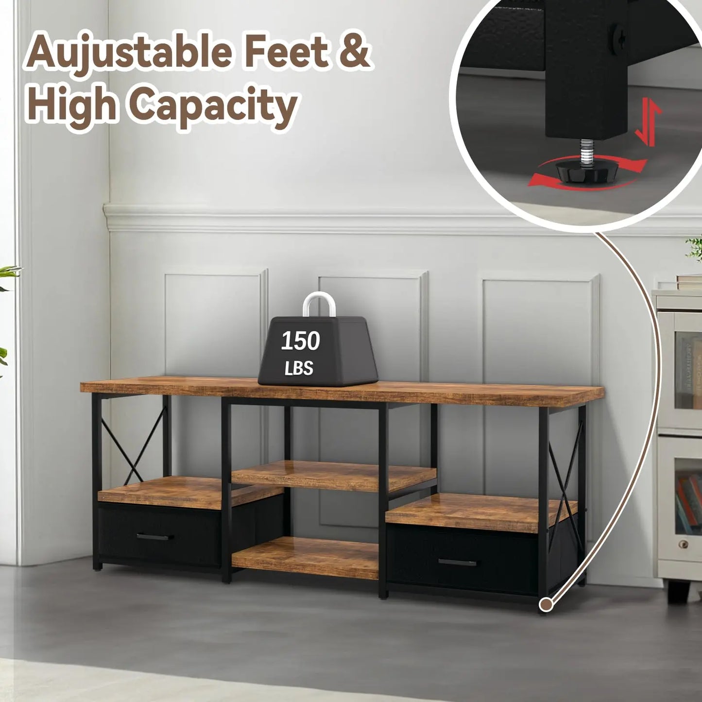 TV Stand With Fabric Drawers For Living Room Traditional Metal Frame