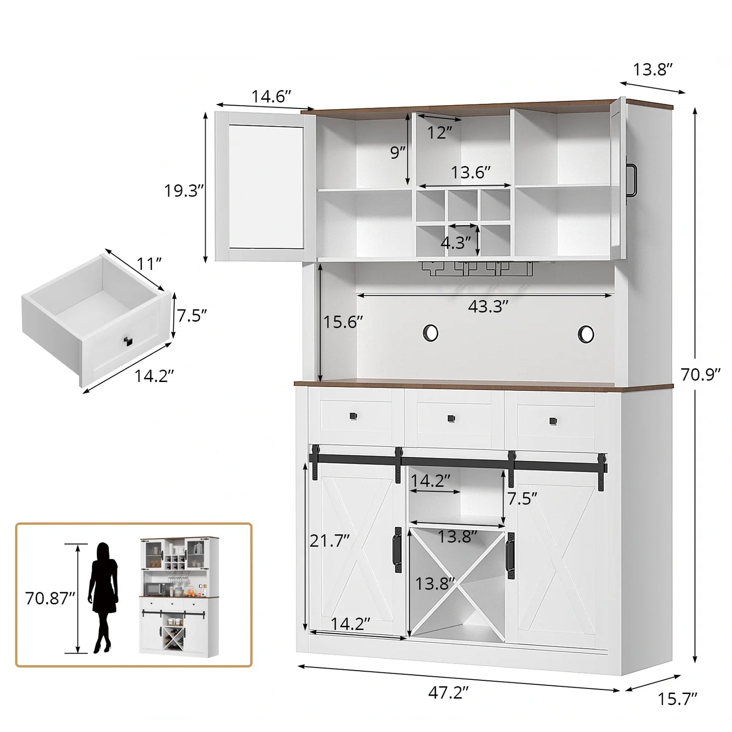 VOWNER Farmhouse Bar Cabinet with Sliding Barn Door, Sideboard Buffet Cabinet with Wine & Glasses Rack, Storage Cabinet for Kitc