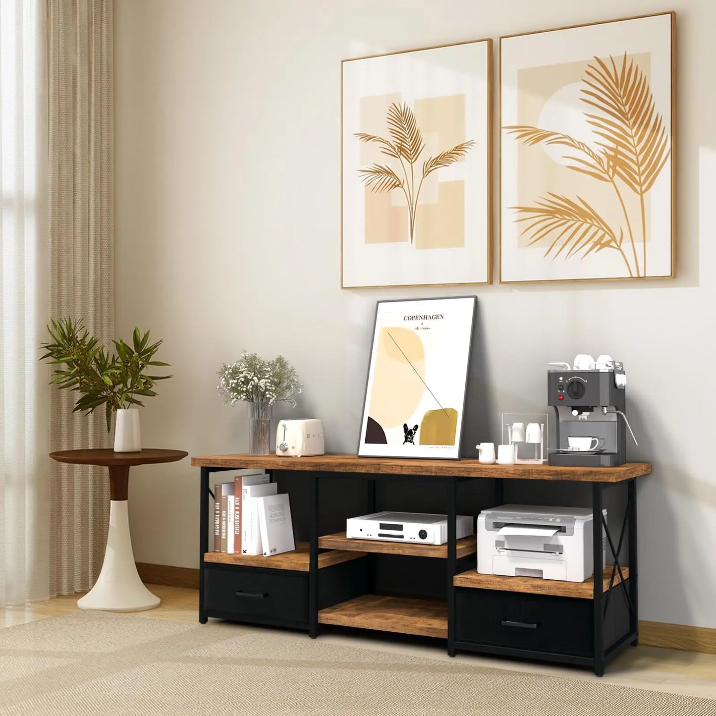 TV Stand With Fabric Drawers For Living Room Traditional Metal Frame