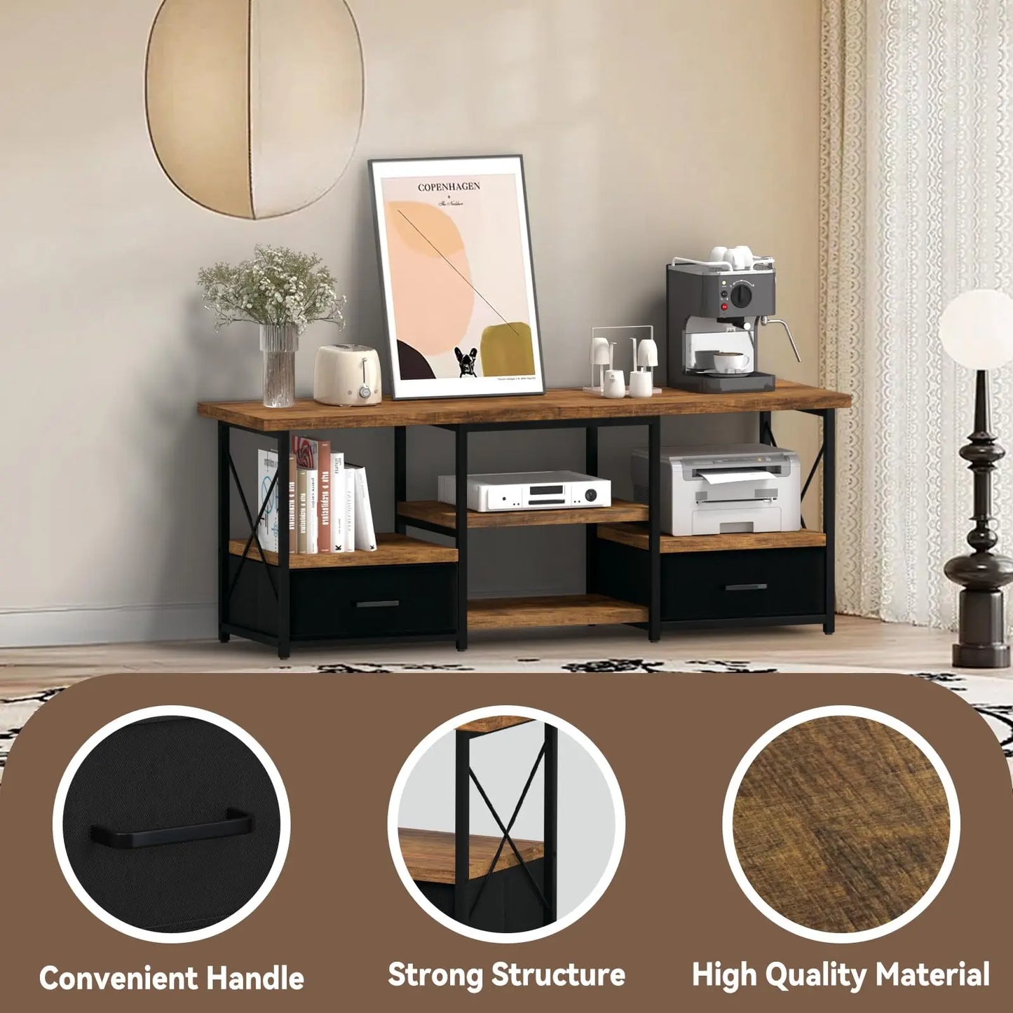 TV Stand With Fabric Drawers For Living Room Traditional Metal Frame