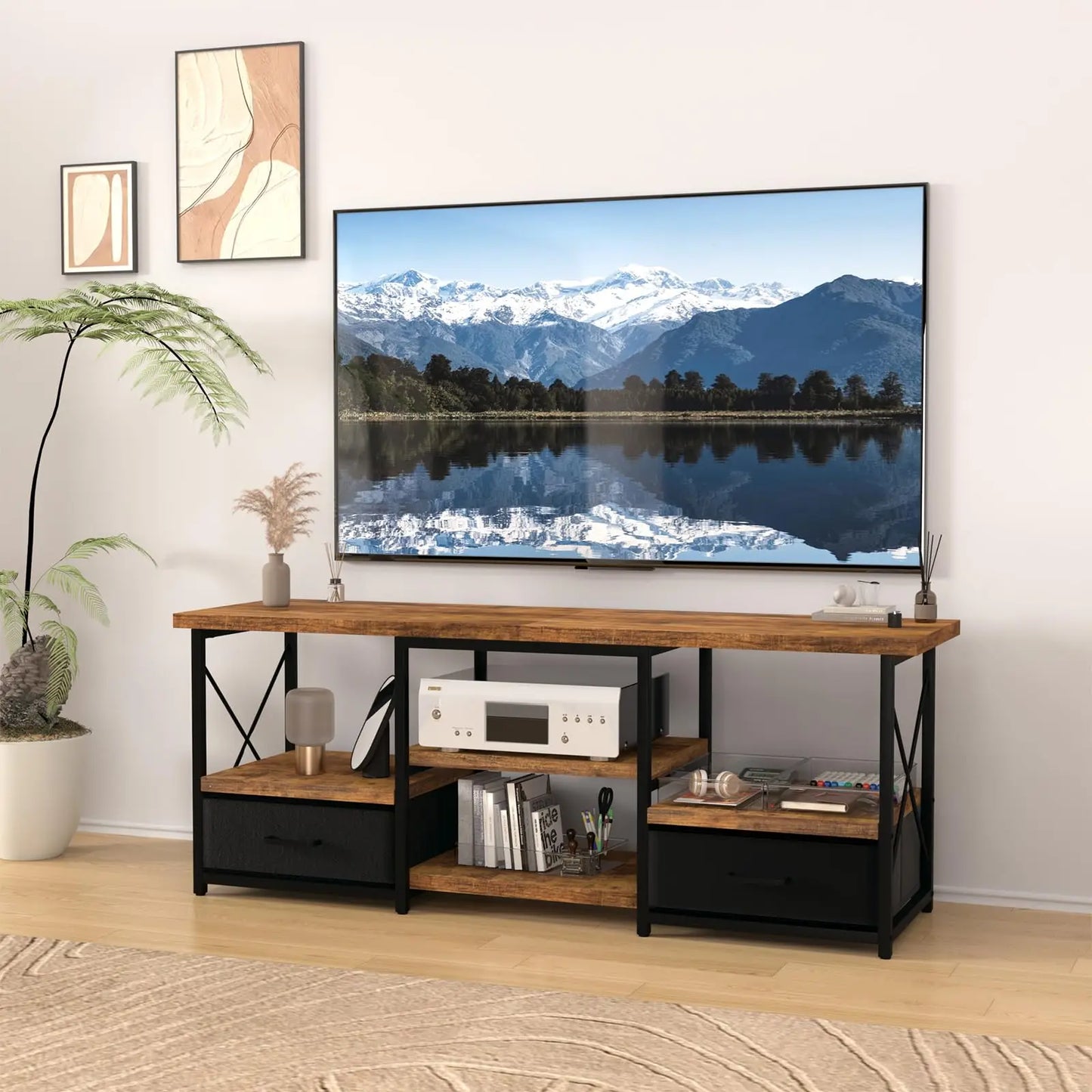 TV Stand With Fabric Drawers For Living Room Traditional Metal Frame