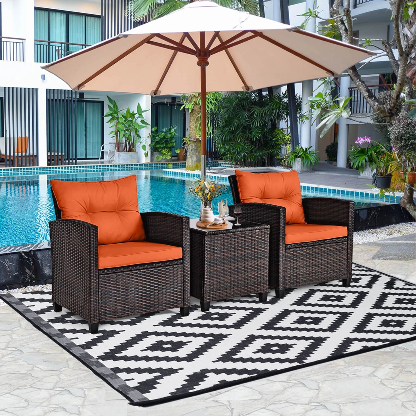 HOMASIS 3 Piece Patio Rattan Furniture Set Cushioned Conversation
