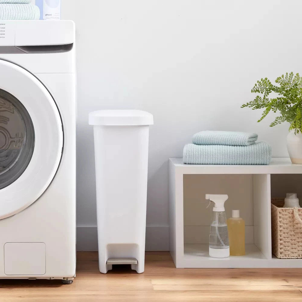 11gallon Step Slim Trash Can With lid,Plastic Tall Narrow Garbage Can for Kitchen,Large Foot Pedal Trashcan for Bathroom,White