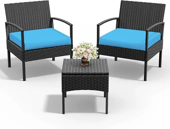 Outdoor Wicker Patio Conversation Set With Cushions And Glass Table
