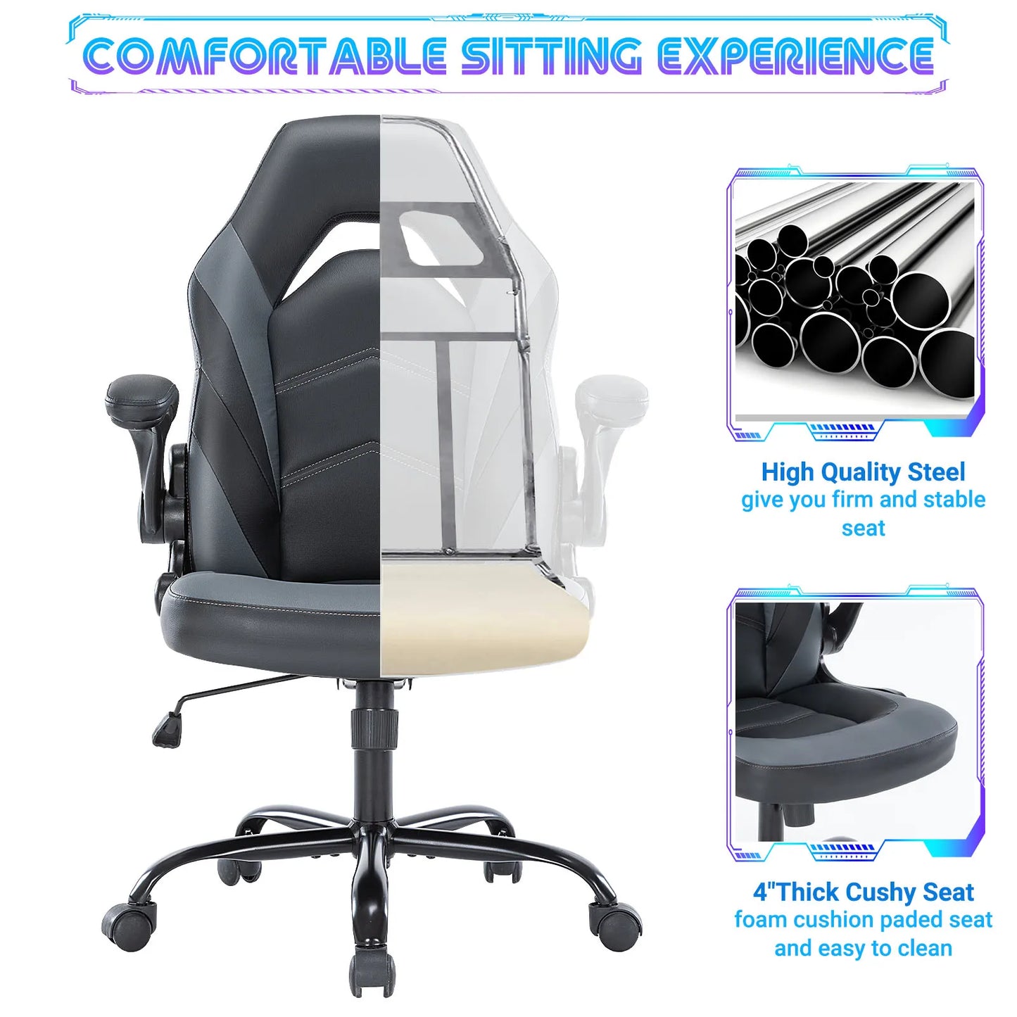 JHK Ergonomic Chair PU Leather Racing Chair Flip Up Armrest
