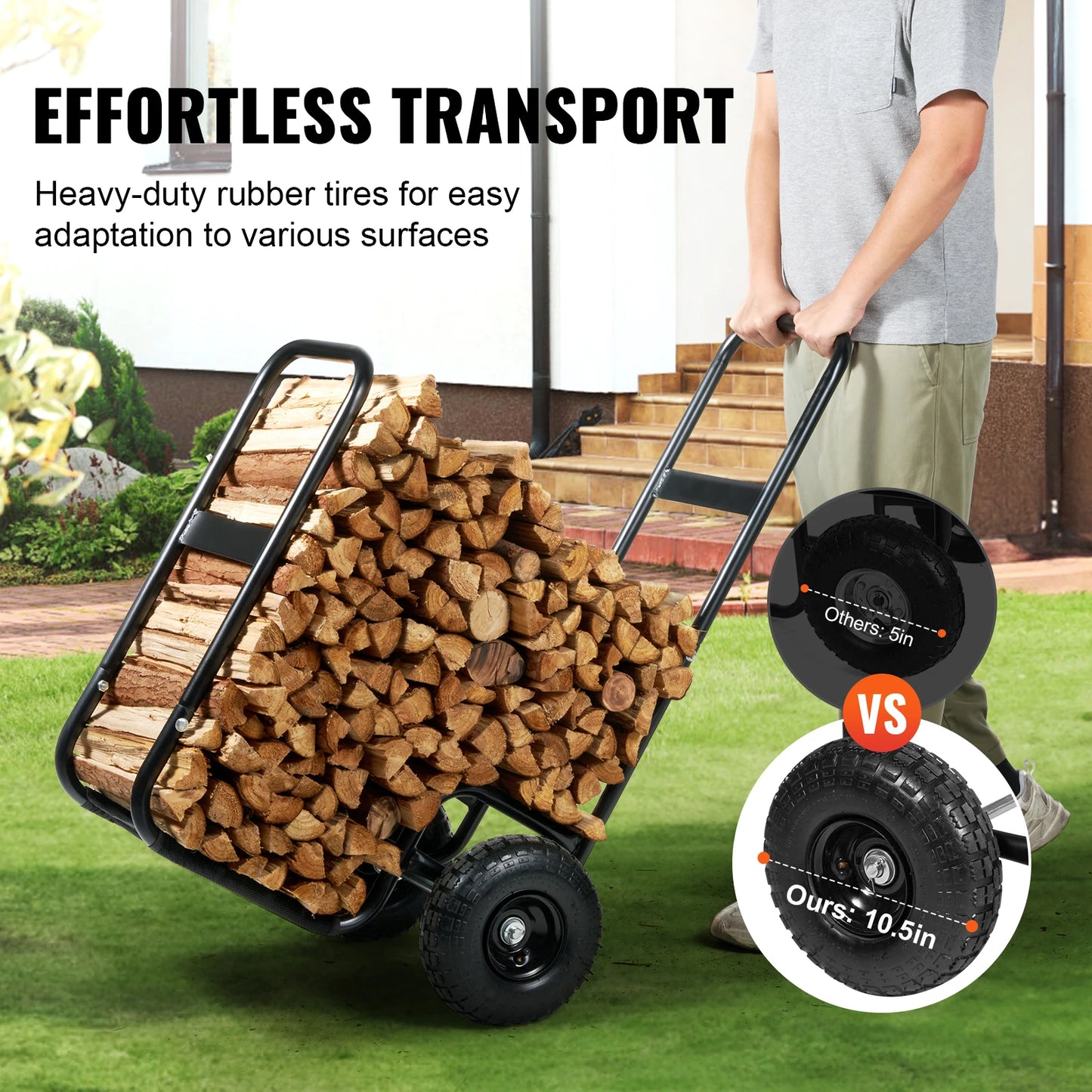 SucceBuy Firewood Log Cart Outdoor and Indoor Wood Rack Storage Mover with Wheels Heavy Duty Steel for Fireplace Fire Pit Black