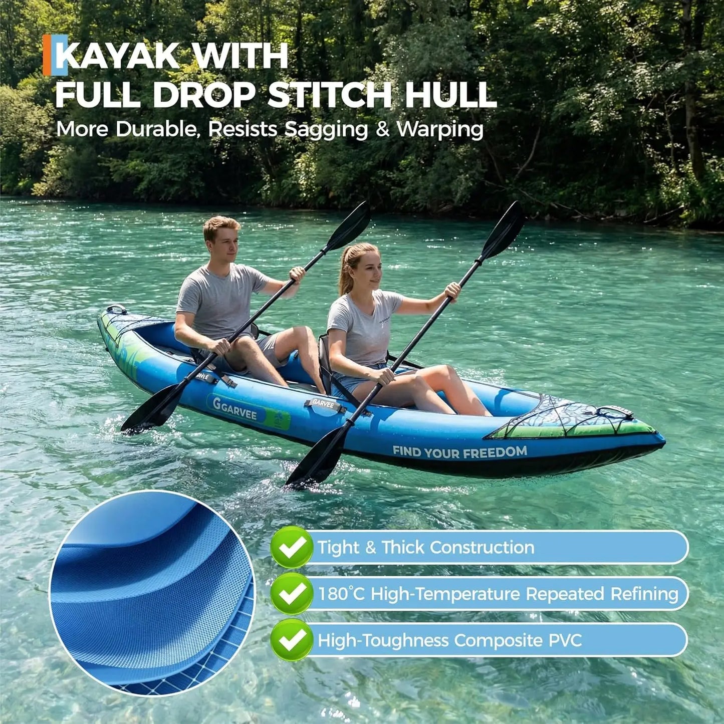 Inflatable Tandem Kayak Heavy Duty PVC With Adjustable Seats Backrest Paddles