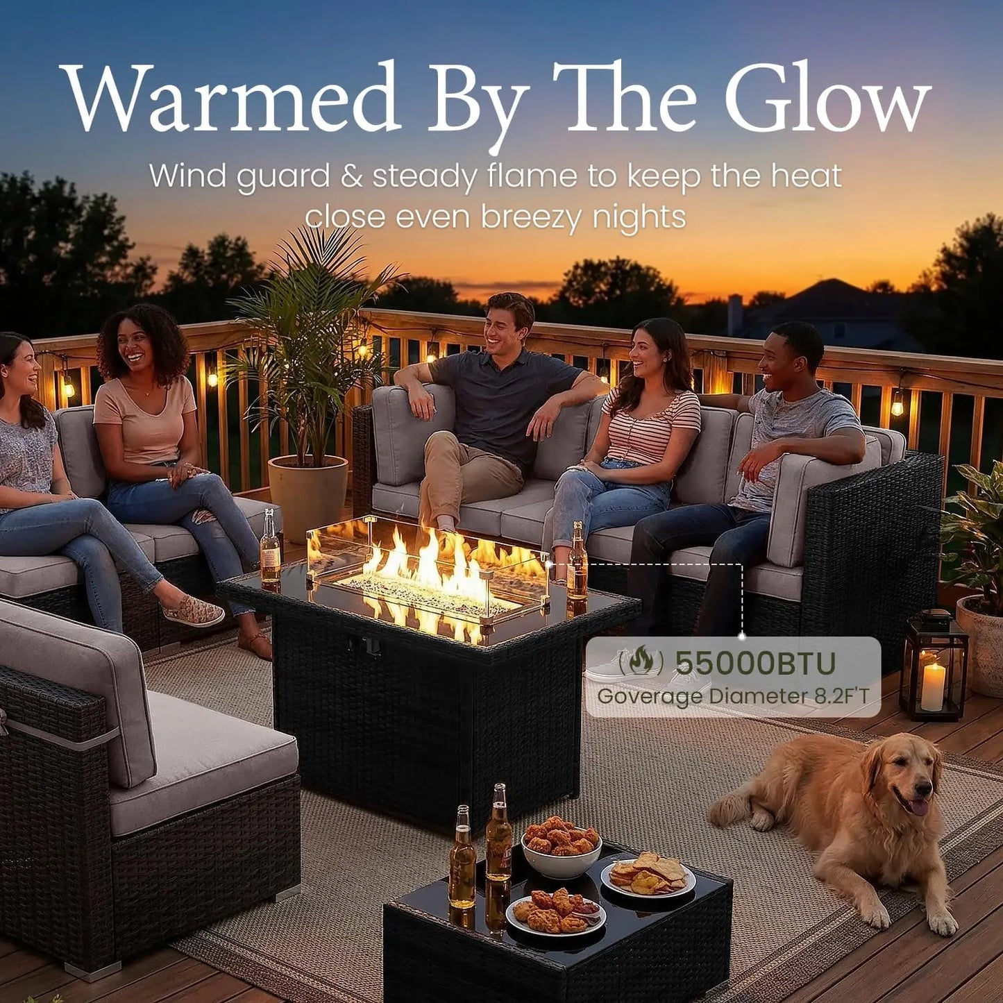 Patio Furniture Set With Fire Pit Table Outdoor Wicker Rattan Sectional Sofa