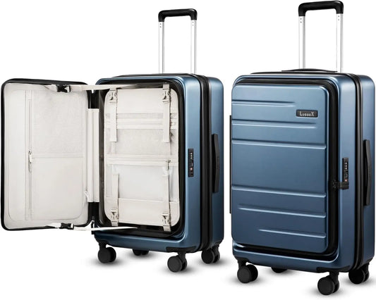 Checked Luggage with Spinner Wheels, FLO5 Expandable Polycarbonate Hard Shell SuitcaseLock (FX-Core, Blue, 24 Inch)