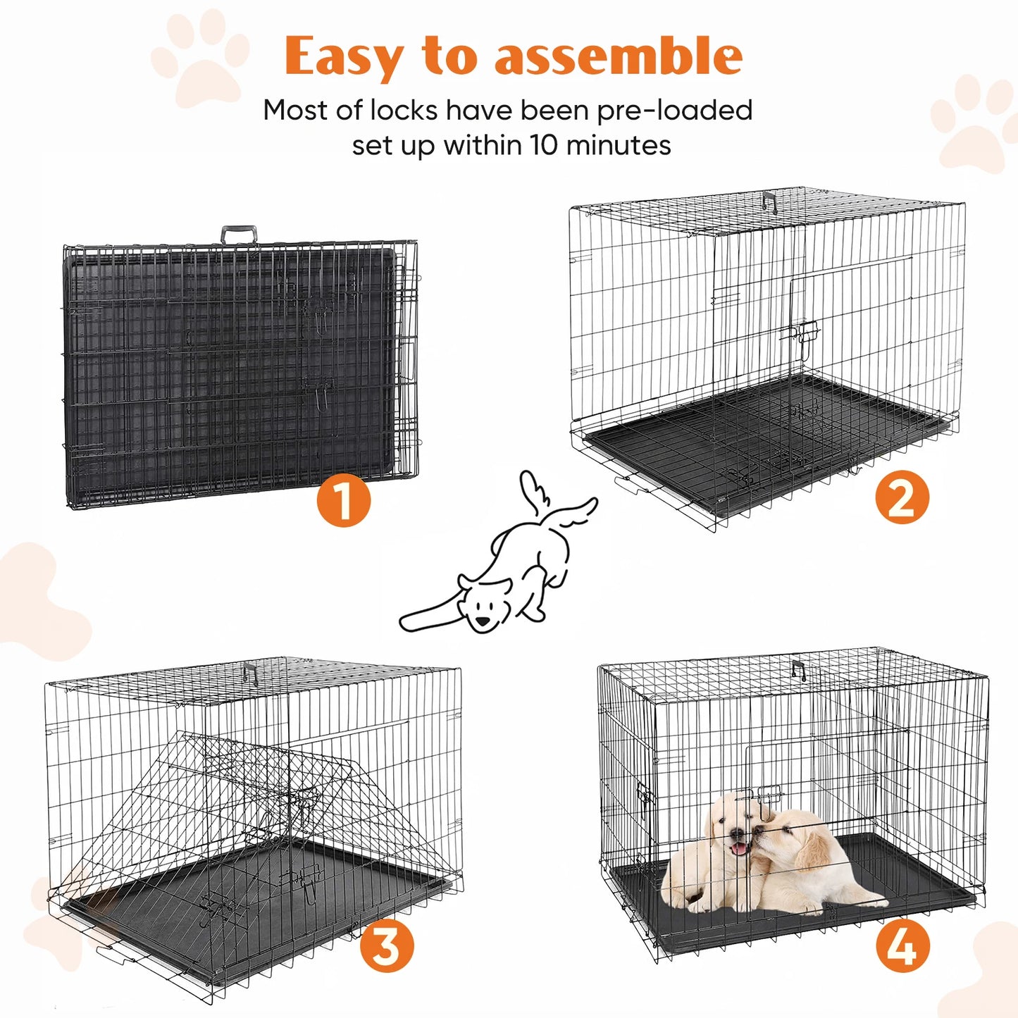 JHK Double Door Folding Dog Cage with Plastic Leak-Proof Pan