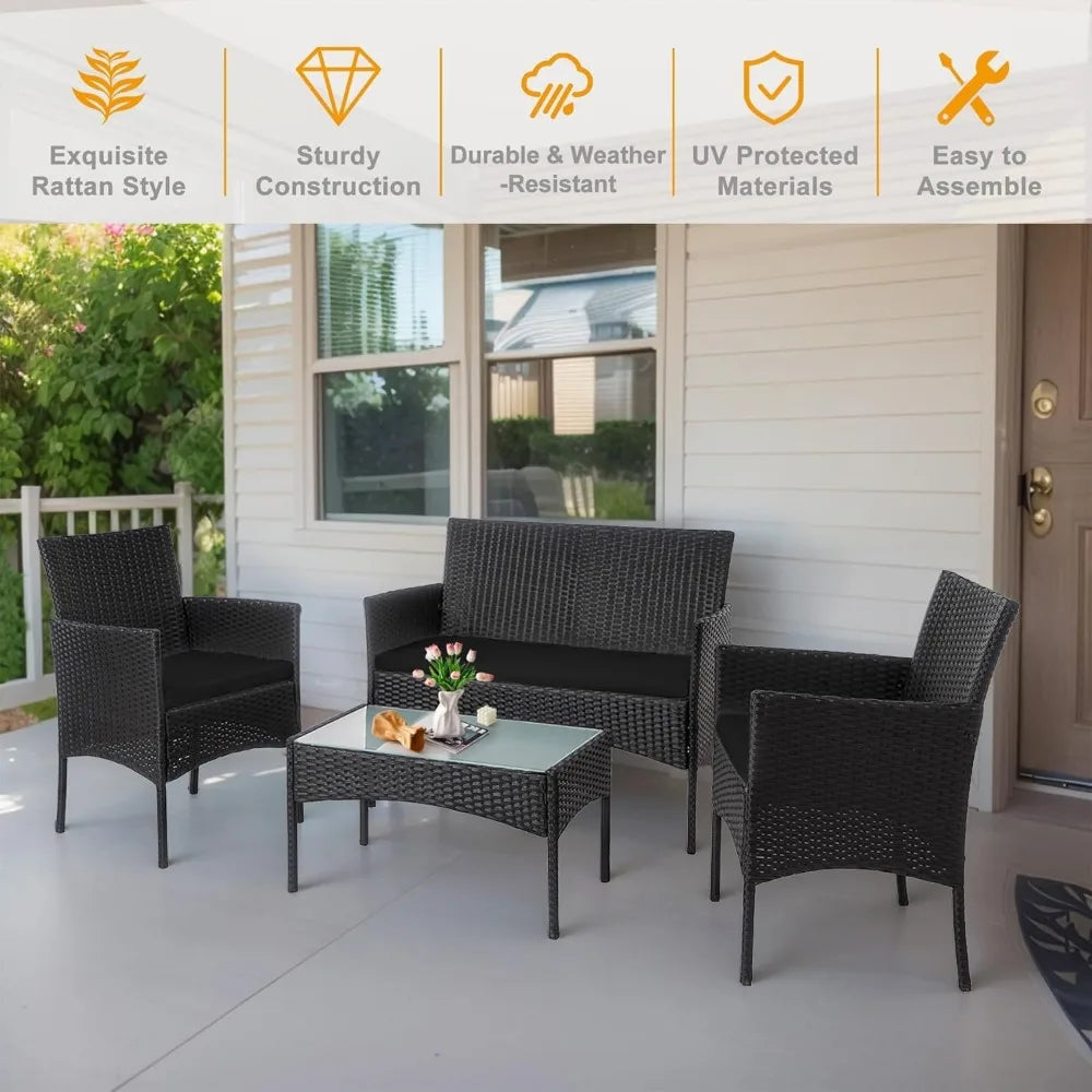 Outdoor Wicker Patio Conversation Set With Cushions And Glass Table