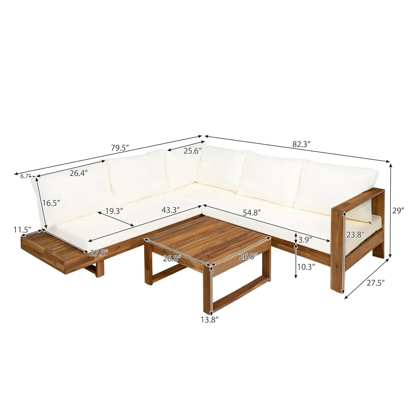 Acacia Wood 4pc Outdoor Sectional Sofa Set With Cushions