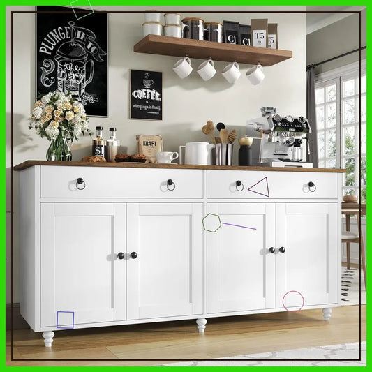 55'' Large Farmhouse Buffet Cabinet with Storage, 4 Doors & 2 Drawers, Adjustable Shelves for Kitchen Dining Room