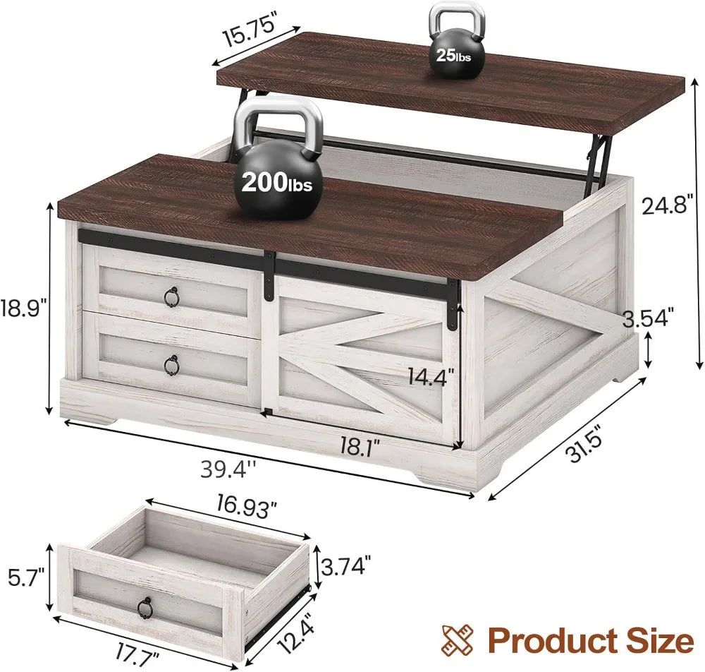 39.4'' Lift Top Coffee Table with Storage, Farmhouse Style, Adjustable Height & Drawers for Living Room