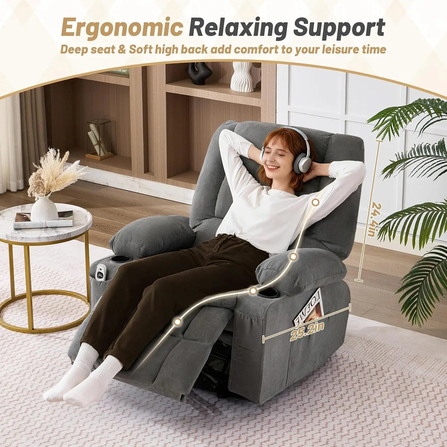 with Massage and Heat, Nursery Rocking Chairs for Living Room, Ergonomic Comfy Relining Chair with Cup Holder