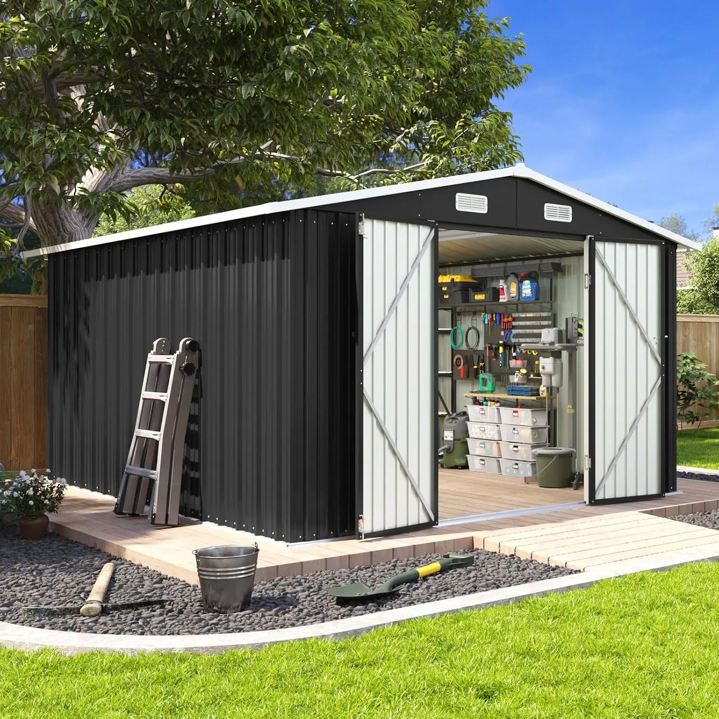 Outdoor Metal Storage Shed With Sloped Roof And Lockable Double Doors