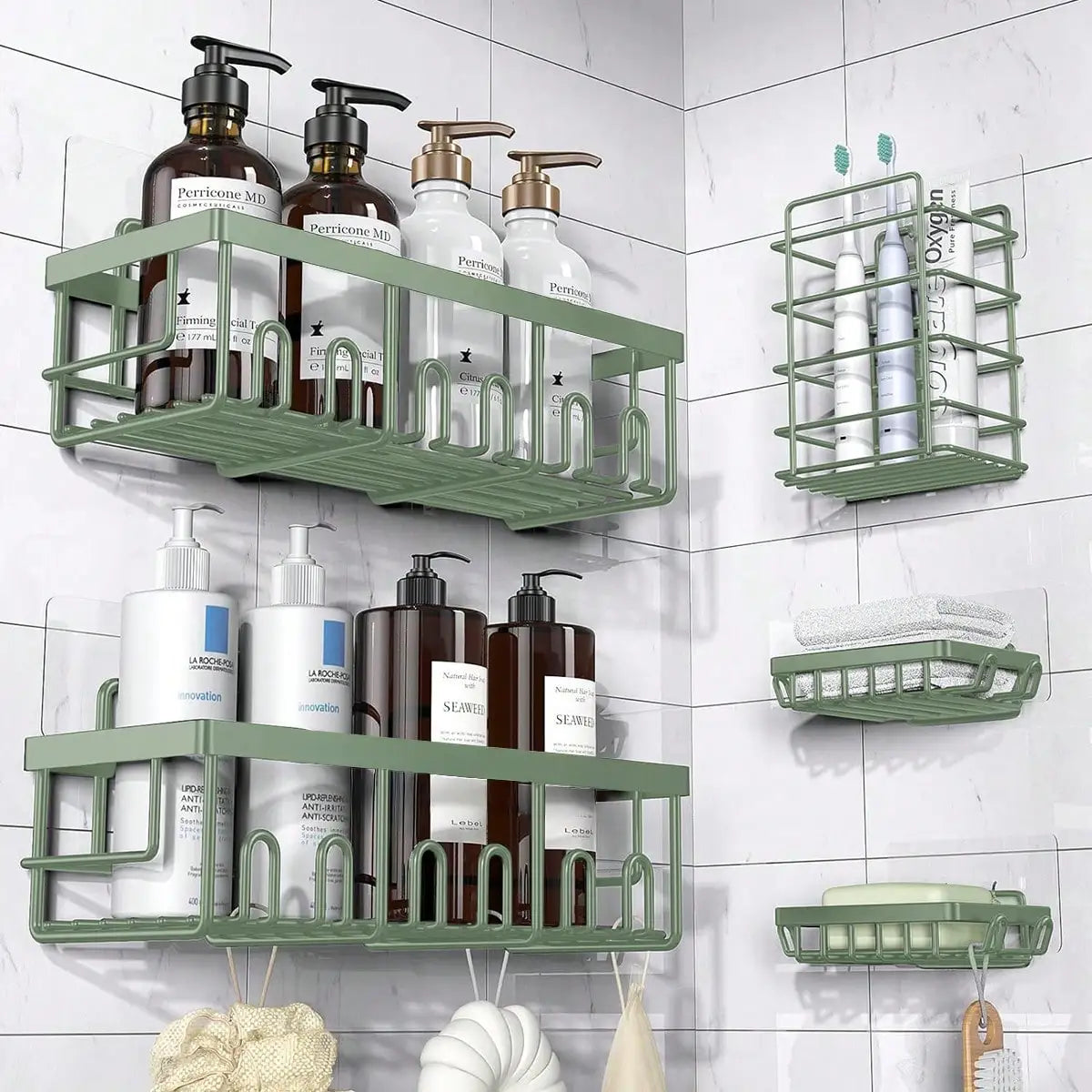 5-Pack Rustproof Stainless Steel Adhesive Shower Caddy No-Drilling Bathroom Storage Shelves
