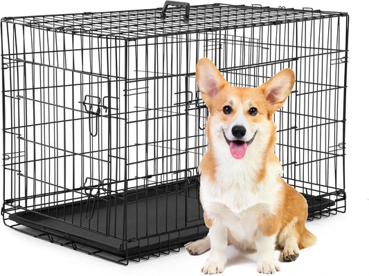 Foldable Metal Dog Kennel With Double Doors Leakproof Tray