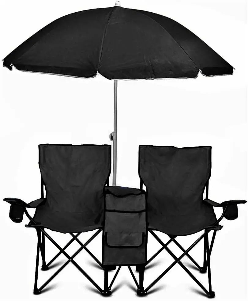 Portable 2-Seat Folding Camp Chair with Cooler, Umbrella & Cup Holders – Outdoor Picnic, Beach, or Tailgate Seating
