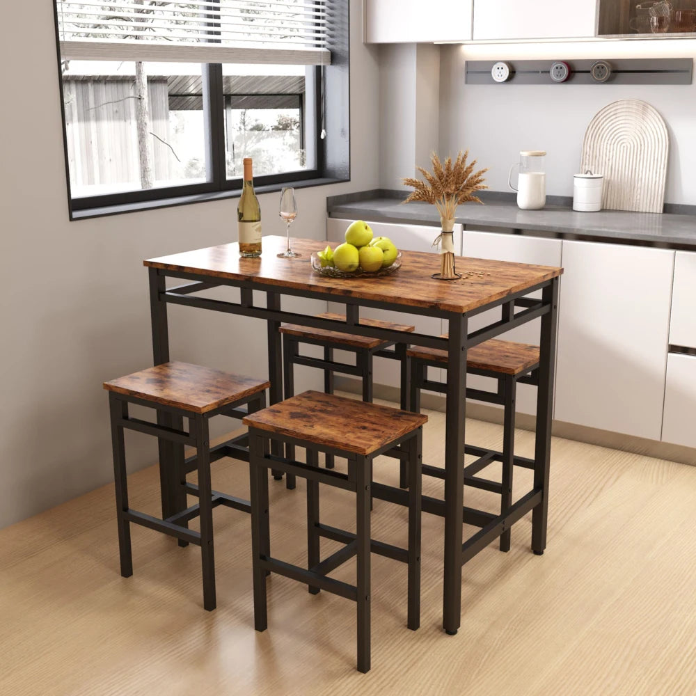 Bar Table Set 5PC Dinging Table Set High Stools Structural Strengthening Industrial Style Rustic Brown 43'' L X 23'' W X 35'' H.