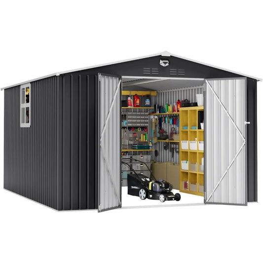Outdoor Metal Storage Shed With Lockable Doors And Clear Window