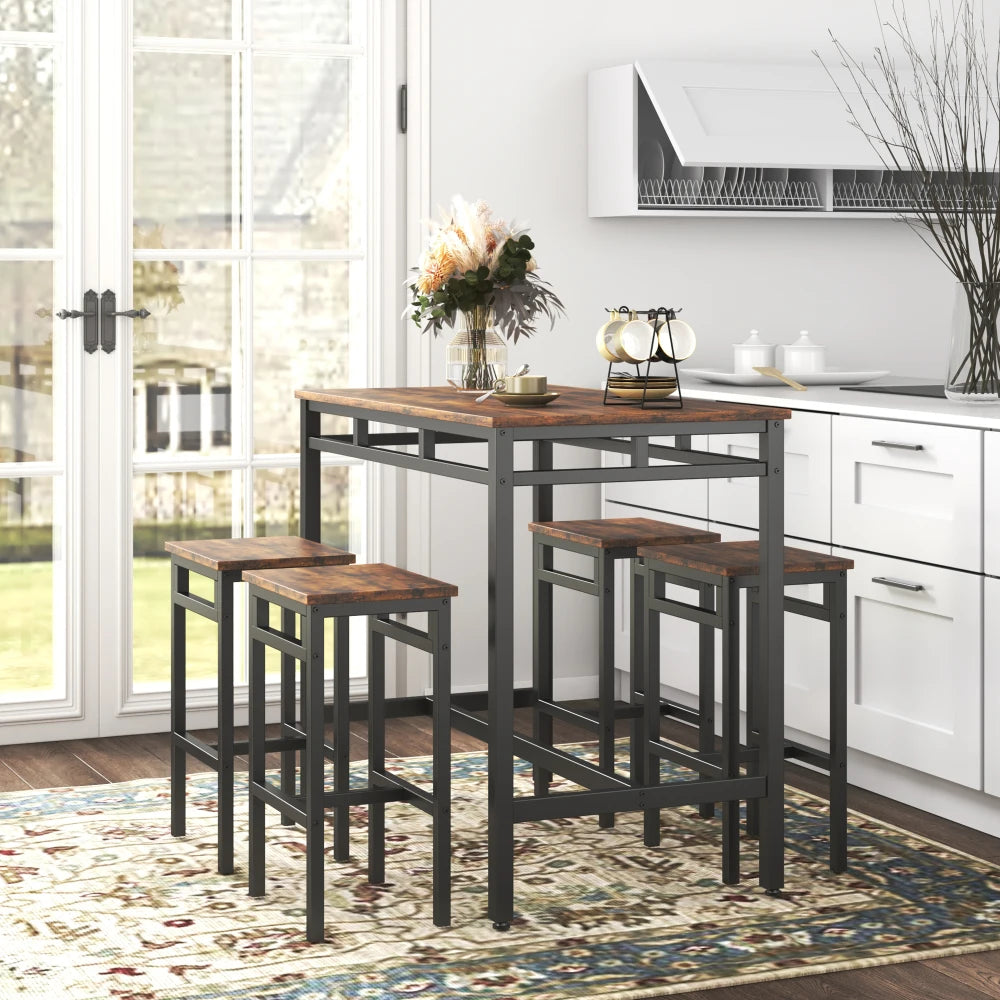 Bar Table Set 5PC Dinging Table Set High Stools Structural Strengthening Industrial Style Rustic Brown 43'' L X 23'' W X 35'' H.
