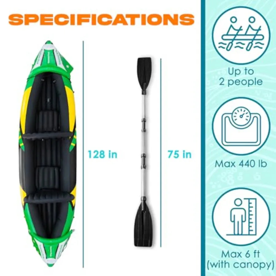 Two Person Inflatable Kayak With Detachable Sun Canopy And Paddles