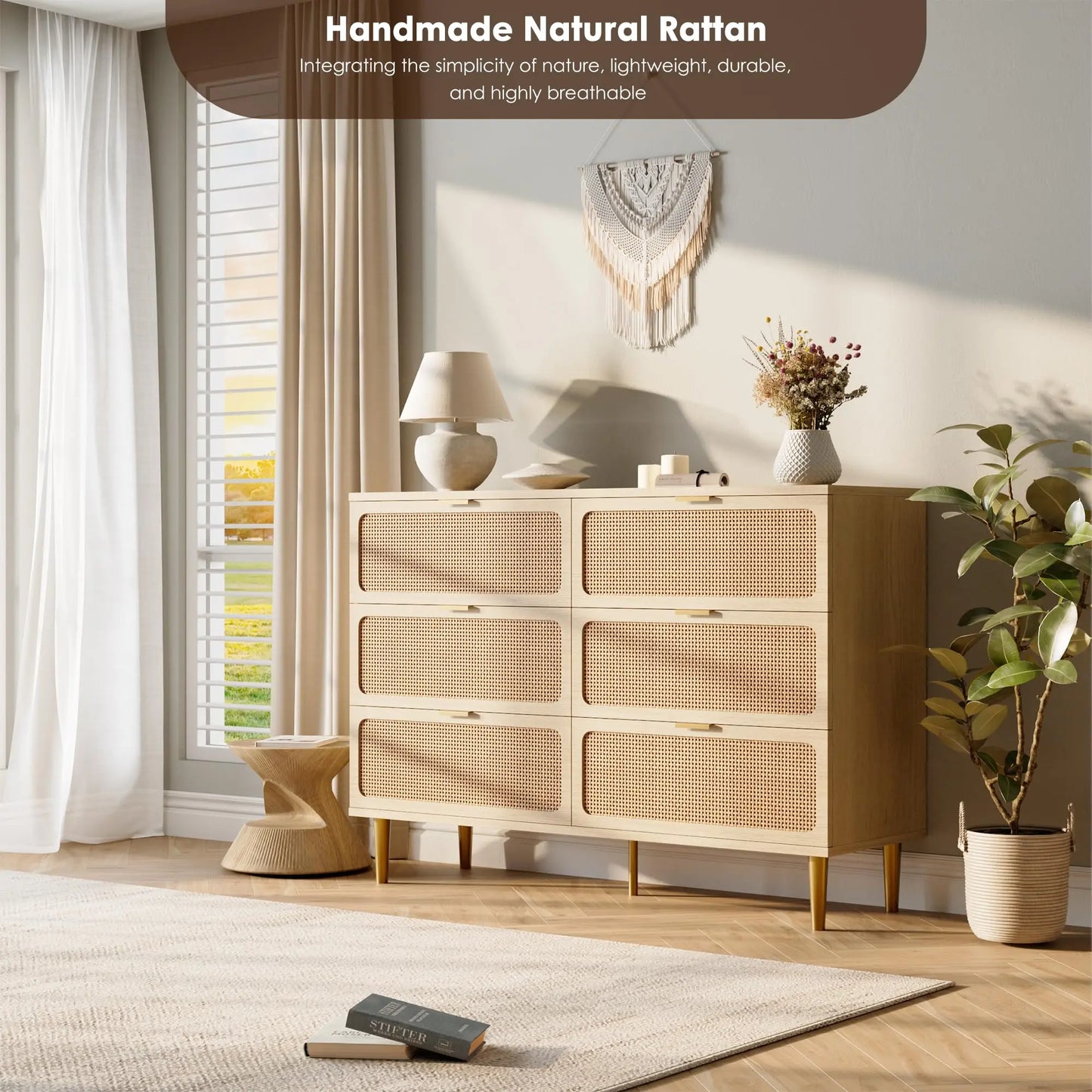 HiMISS 6-Drawer Rattan Dresser Hand Woven Wood Storage
