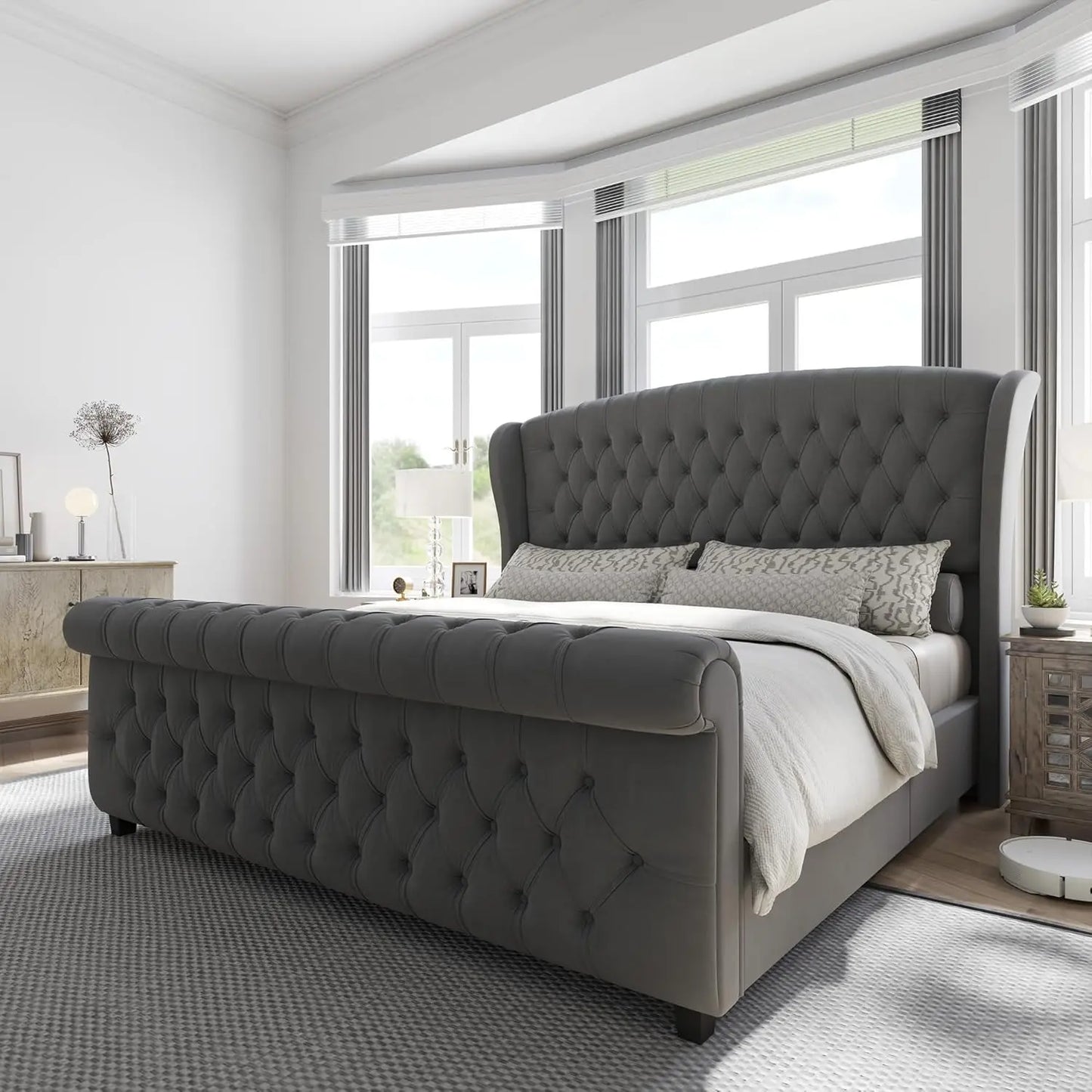 California King Size Platform Bed Frame, with Scroll Wingback Headboard & Footboard, Velvet Upholstered Sleigh Bed