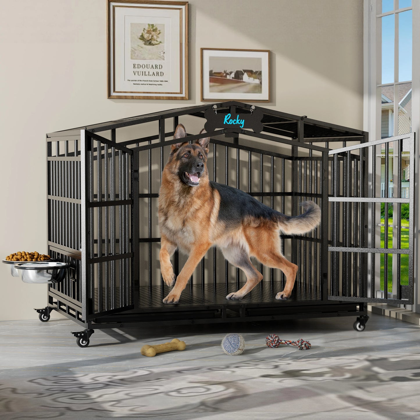 Heavy Duty Dog Crate Metal Kennel With Lockable Wheels